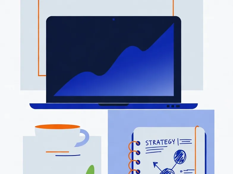 Workspace with a rising traffic chart and a hand drawn SEO strategy sketch