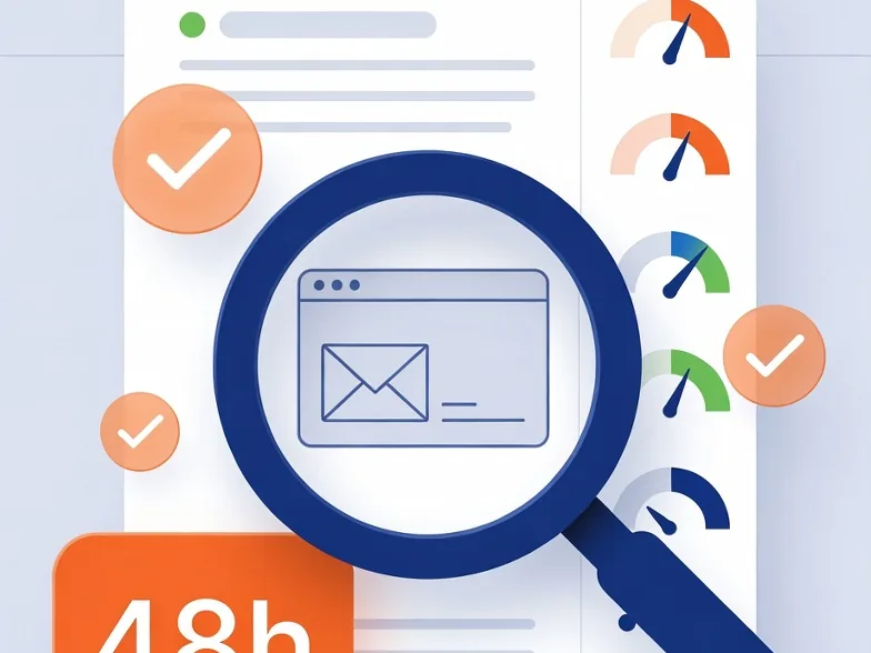 SEO audit report with a five-area scorecard and a 48 hour delivery badge