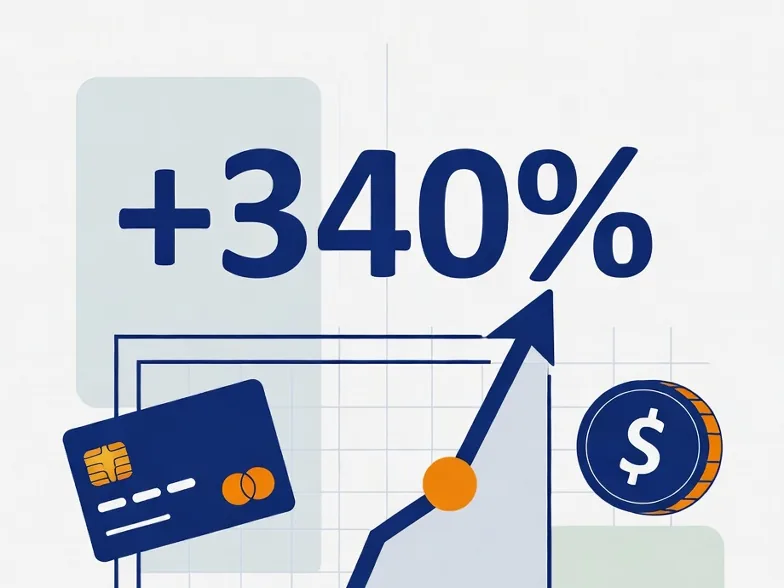 Line chart breaking its frame showing +340% organic traffic growth for a fintech