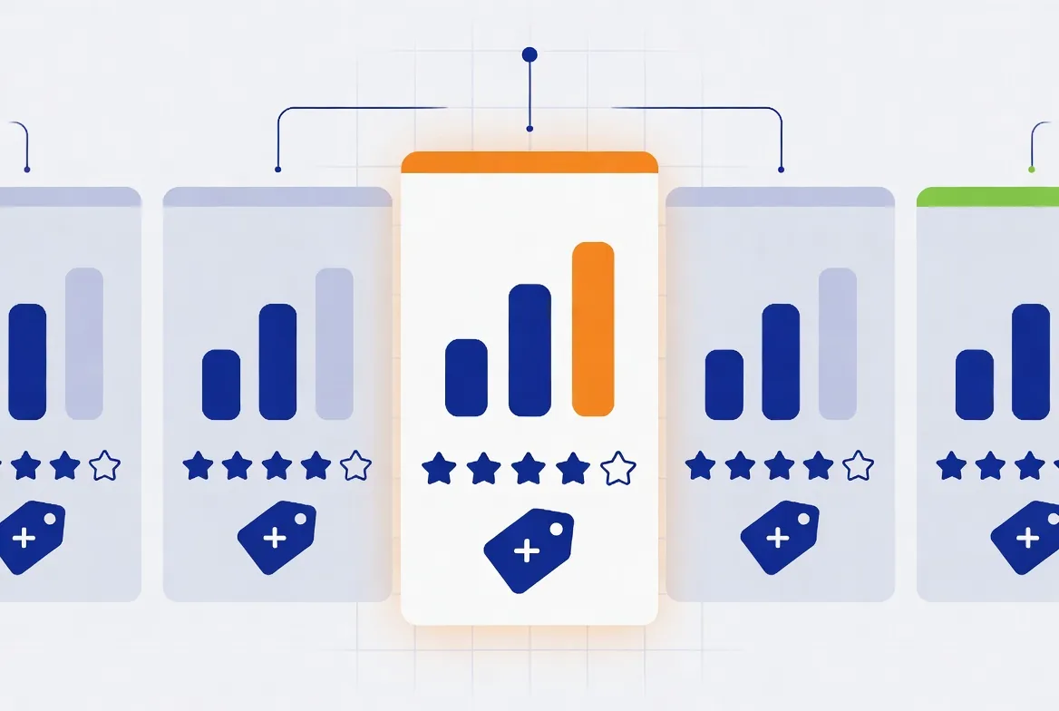 Side by side comparison of five link building marketplace cards with ratings and prices