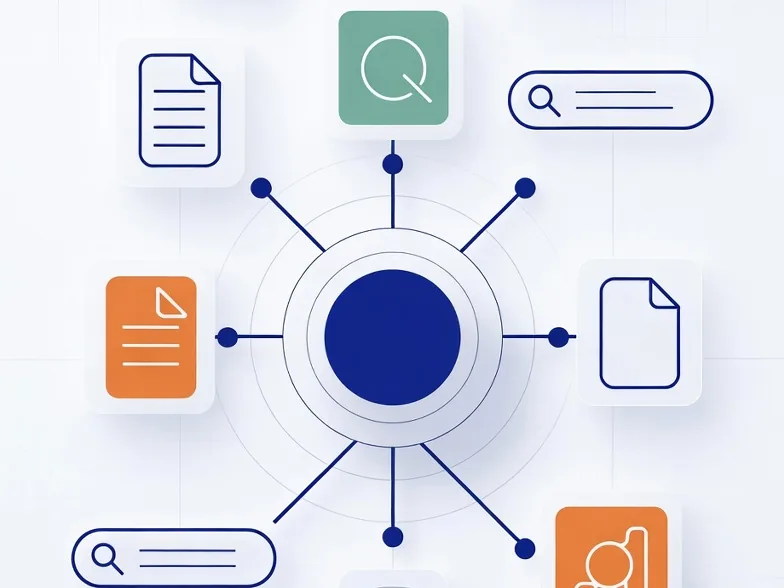 Topic cluster map with a central hub connected to supporting content pieces