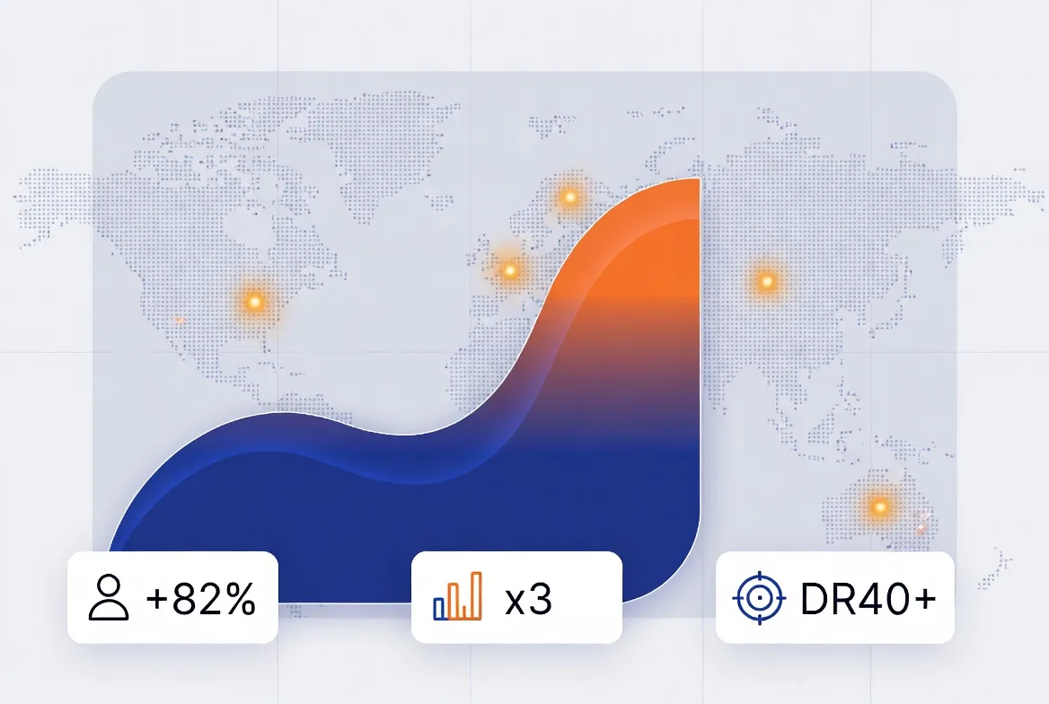 Panel de analítica con una curva ascendente de tráfico orgánico e indicadores de alcance internacional