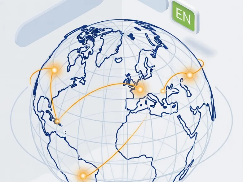 Wireframe globe with connected markets and English and Spanish language nodes