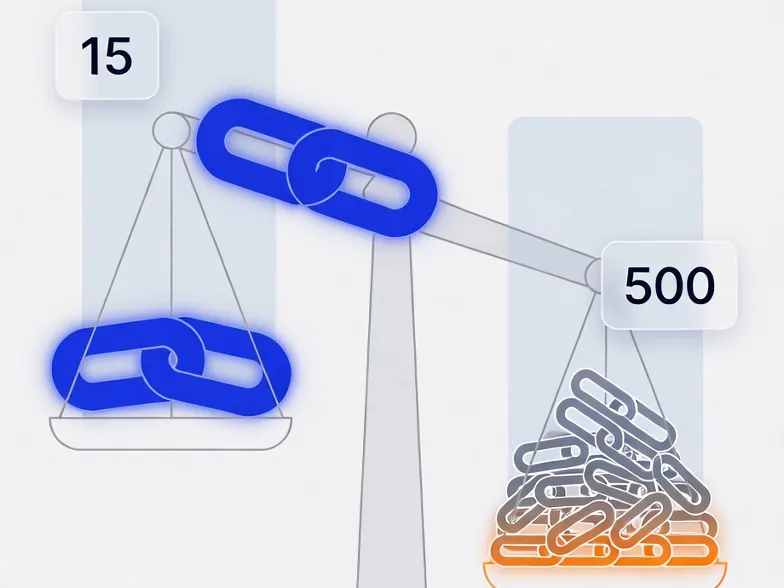 Balance scale showing 15 strong backlinks outweighing 500 weak ones
