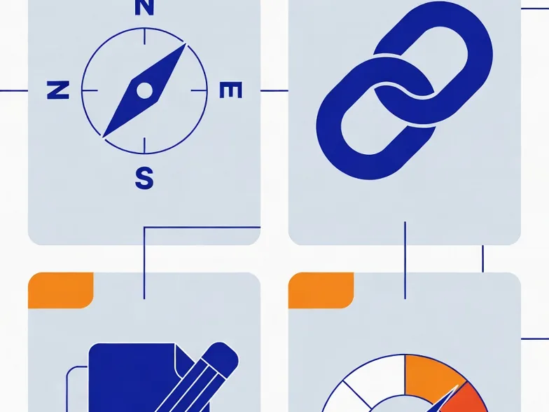 Four SEO service areas shown as connected tiles: strategy, links, content and technical