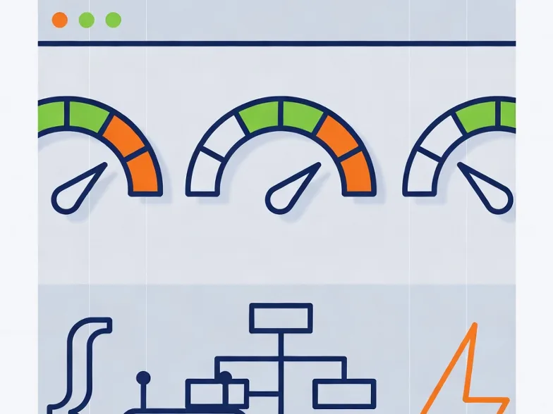 Core Web Vitals gauges in green with a crawler inspecting a sitemap tree
